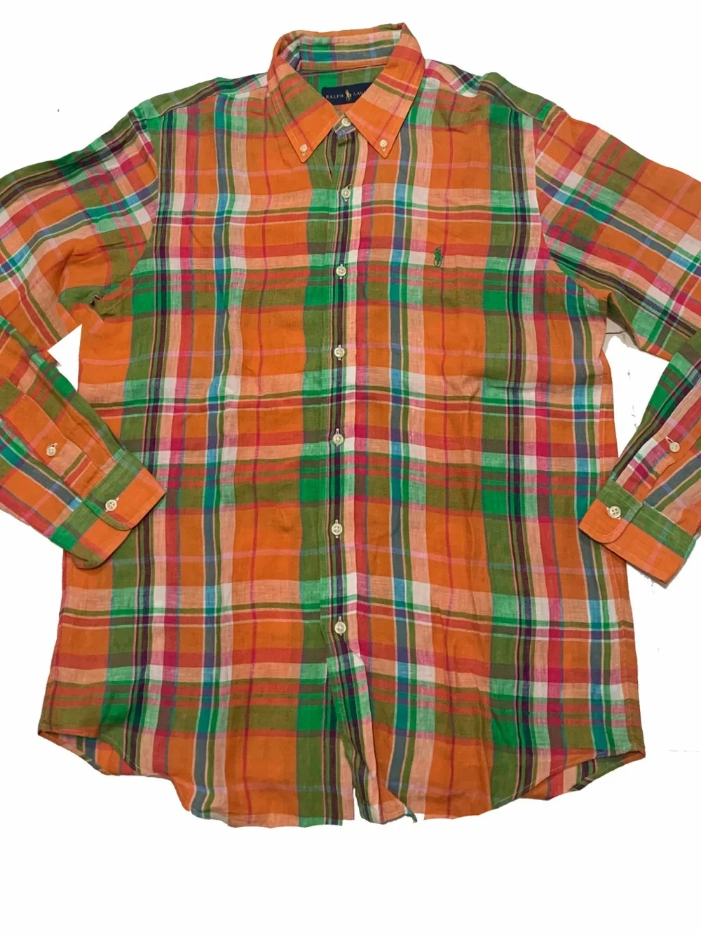 Ralph Lauren linen Orange, Green & Pink Plaid Button-Down Shirt